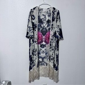 ATHENA PROCOPIOU Floral Blue Cream White Silk Kimono Size M / L